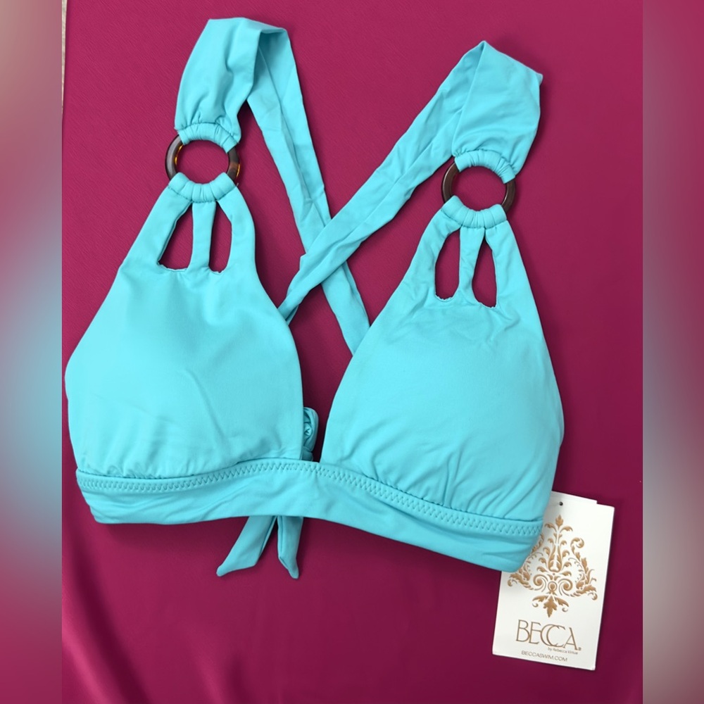 Becca Women's Jade Modern Ring Keyhole Halter Crisscross Back Bikini Top  M  NWT